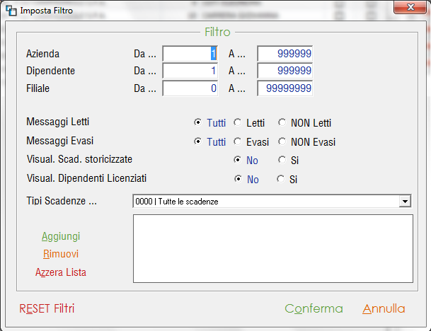 Impostazione Filtro Impostazione Filtro